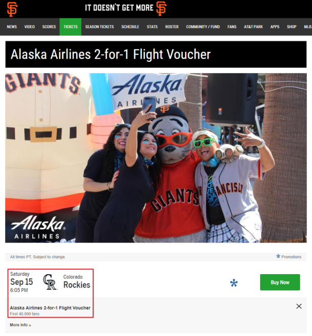 Alaska Airlines 2 for 1 Flight Vouchers San Francisco Giants Game on