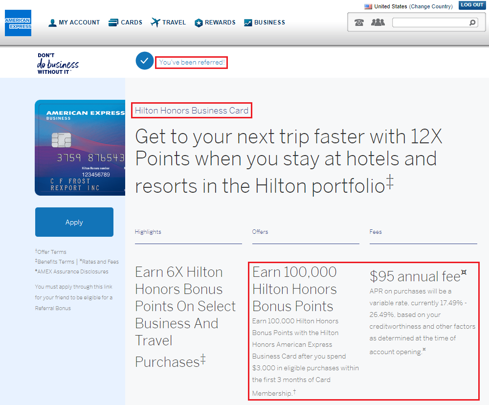 125k American Express Hilton Honors Business Credit Card Sign Up Bonus Via Referral Link