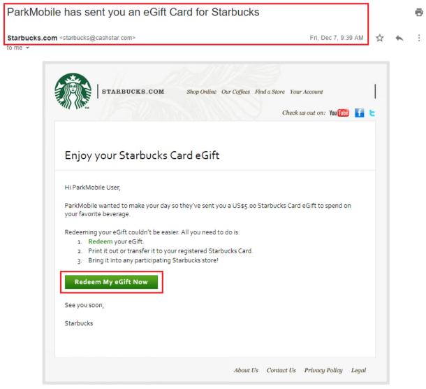 5 Starbucks Gift Card from ParkMobile & MasterCard