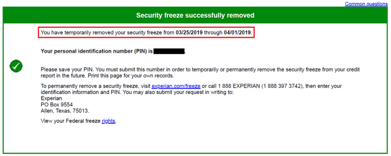 temporarily lift freeze equifax