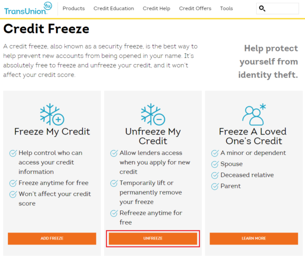 temporary lift experian credit freeze
