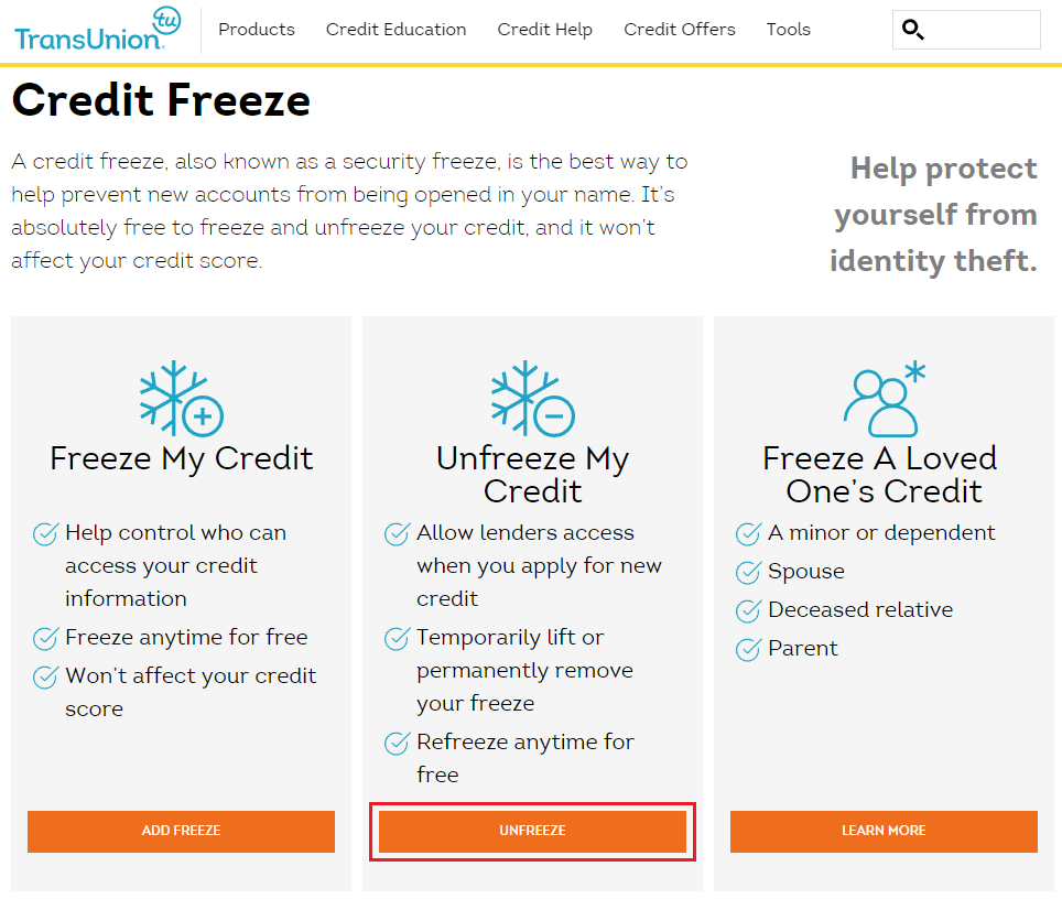 transunion freeze credit file