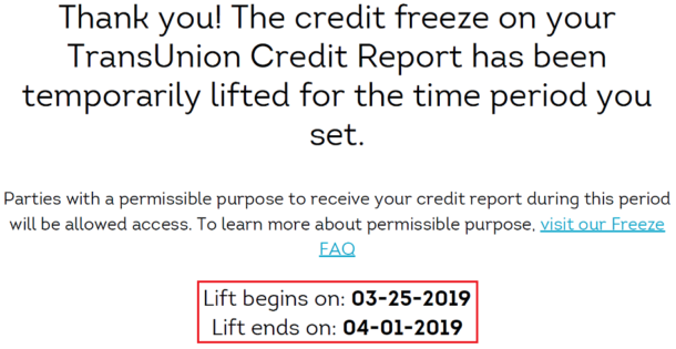 temporary lift freeze equifax