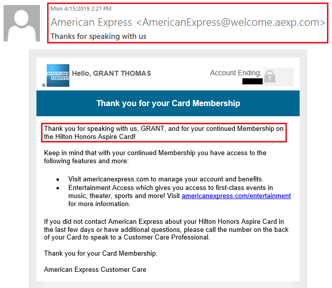 My Recent American Express Hilton Aspire Credit Card Retention Offer