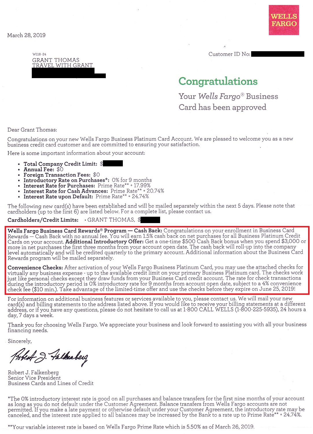 Wells Fargo Business Platinum Credit Card Approval Letter 1 | Travel with Grant