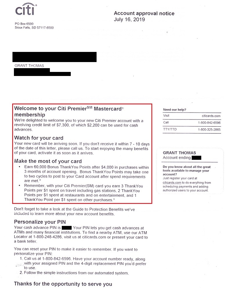Citi Premier Credit Card Approval Letter 1 | Travel with Grant