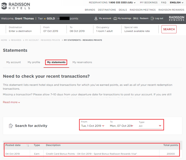 US Bank Radisson Rewards Credit Card 20,000 Bonus Points Posting from