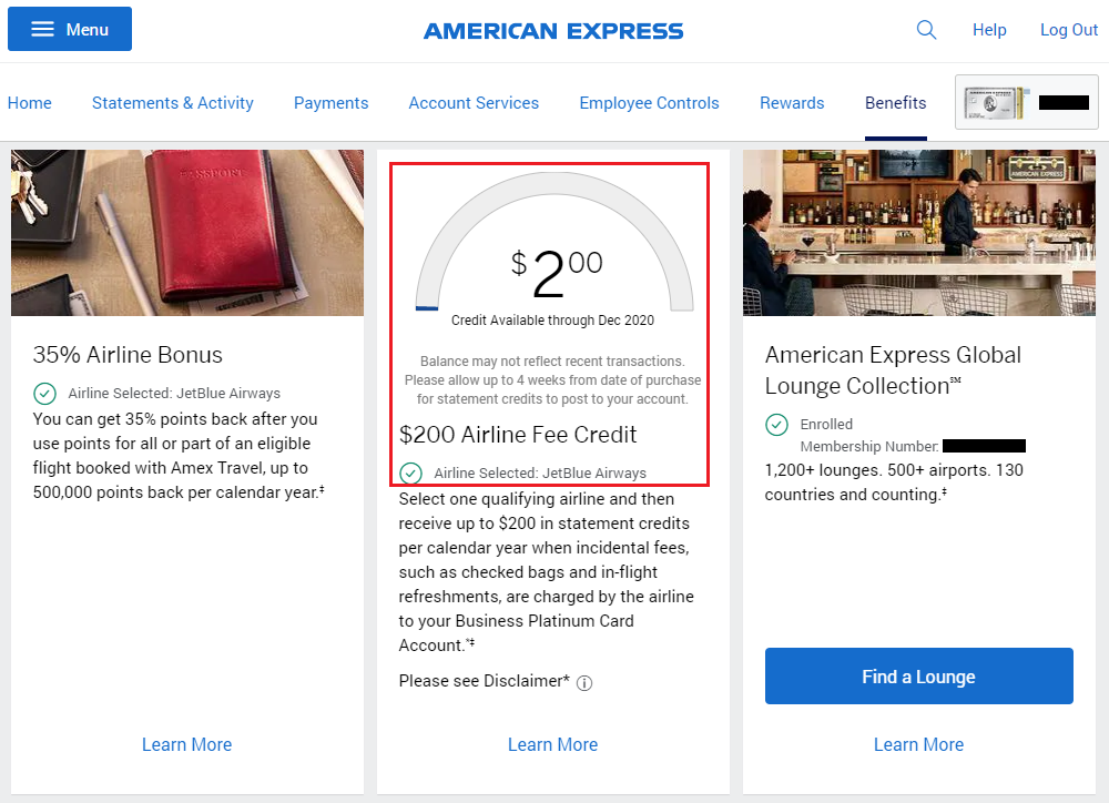 American Express Business Platinum Airline Credit Used for 2 JetBlue