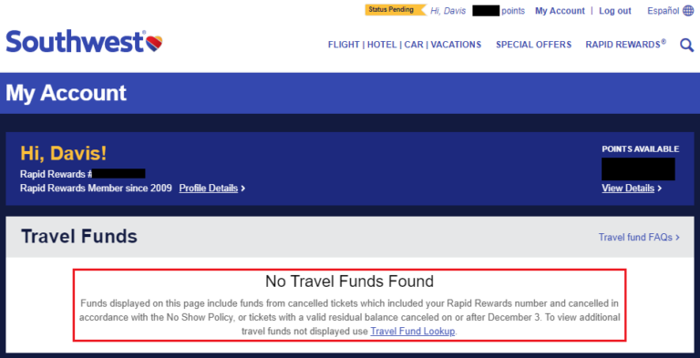 southwest airlines check travel funds