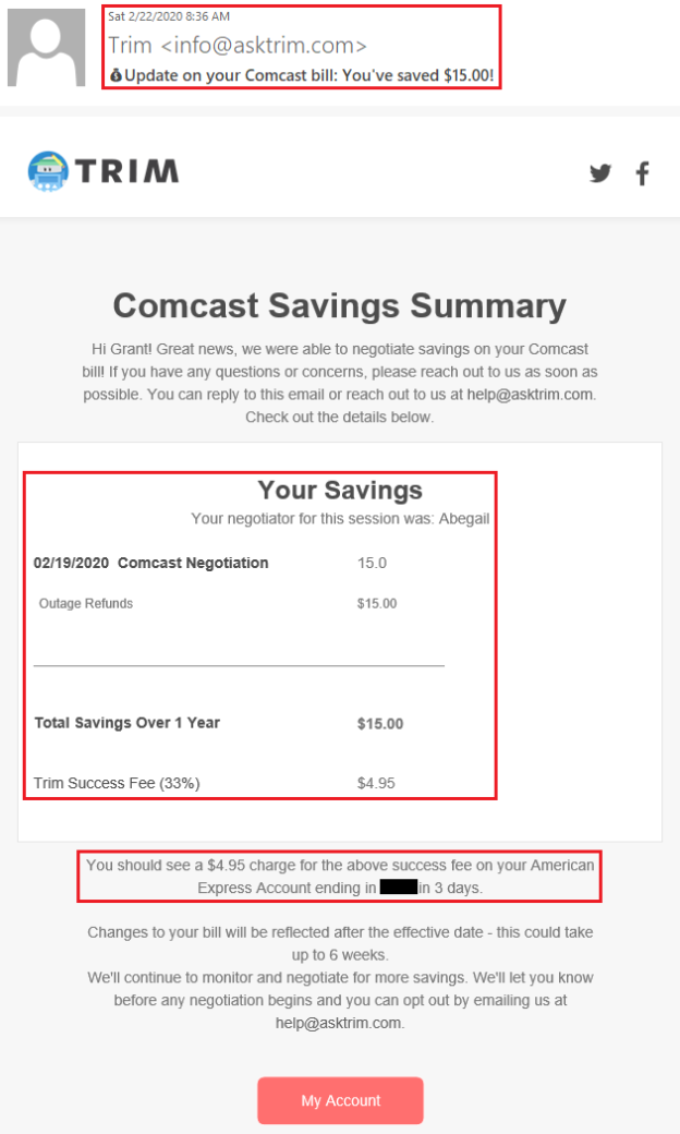 Trim Saved Me Another on my Comcast Xfinity Cable Bill