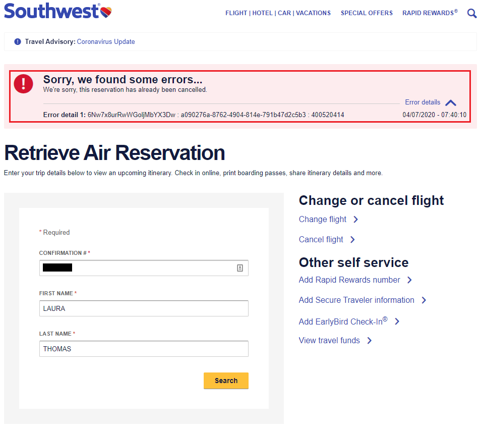 a screenshot of a flight reservation