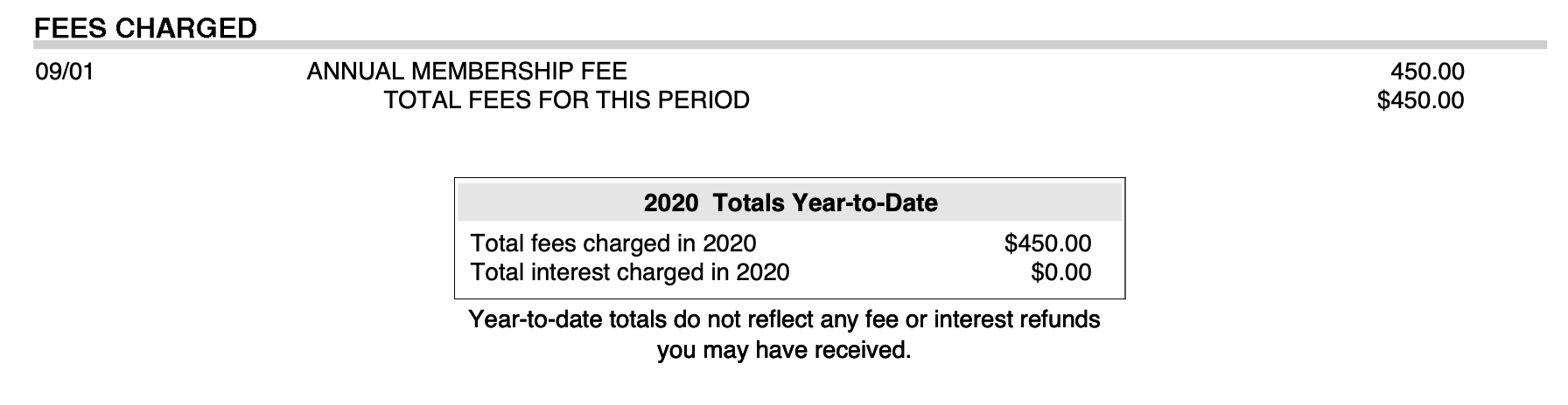 Screenshot from a Chase credit card statement showing a $450 annual fee posted September 1