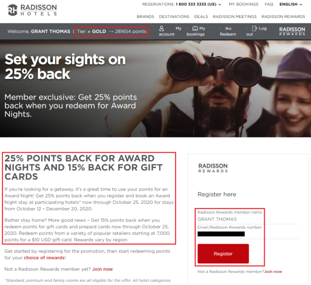 Redeem Radisson Rewards Points for Gift Cards (0 Visa GC for 67K Points