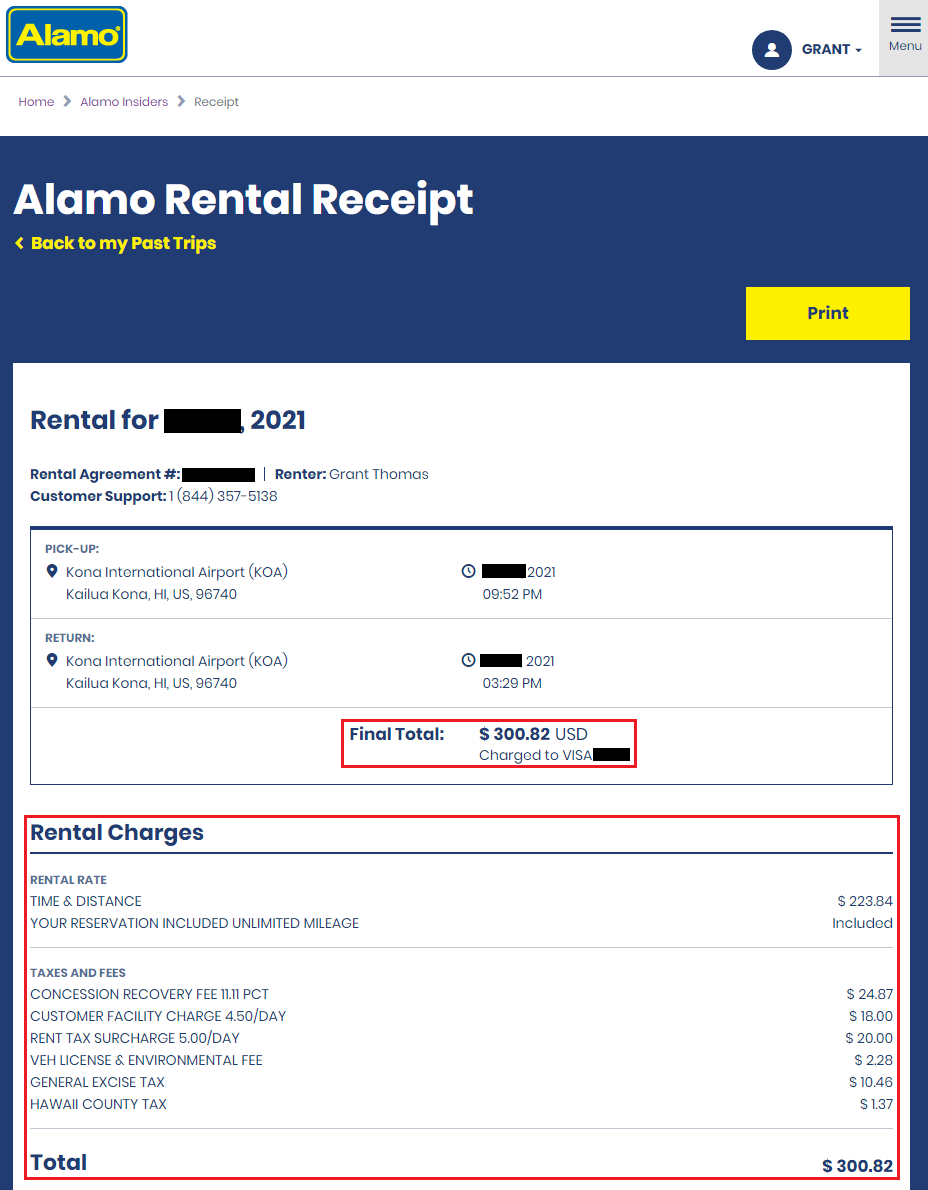 a screenshot of a rental receipt