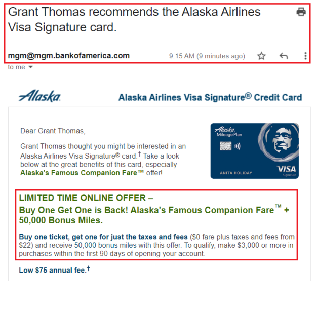 Targeted Bank of America Alaska Airlines Credit Card Referral Offer