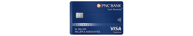 a blue credit card with silver and silver logos
