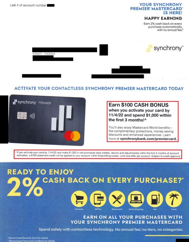 Synchrony Premier Credit Card 2 Cash Back + 100 Statement Credit