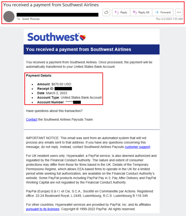 I Received Southwest Airlines Travel Reimbursement Payment via