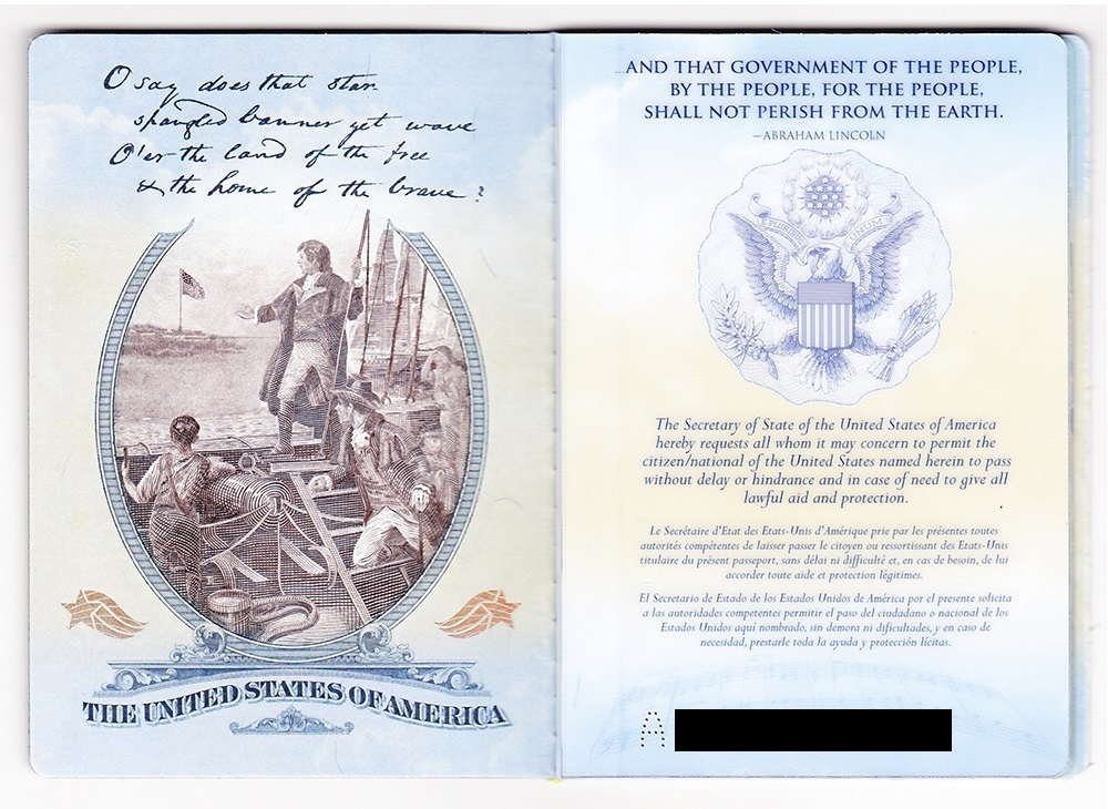 Open two-page spread of a vintage U.S. document: left page shows a ship scene with sailors and a man, and 'THE UNITED STATES OF AMERICA' banner; right page features the Great Seal and a 'government by the people' quotation.