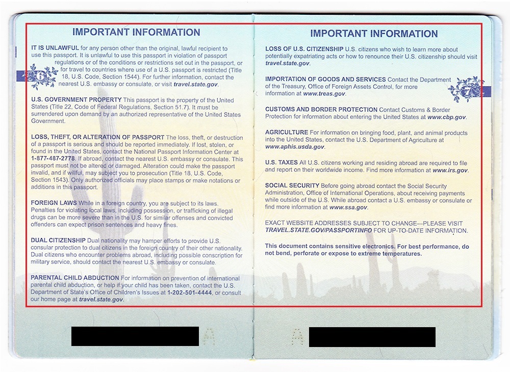 Open passport spread showing 'Important Information' sections in blue text with a red border and two columns.