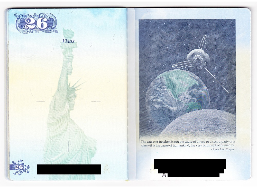 Two-page spread: left page shows Statue of Liberty silhouette with 'Visas' and a decorative 26; right page features Earth with a satellite against space and a quote area.