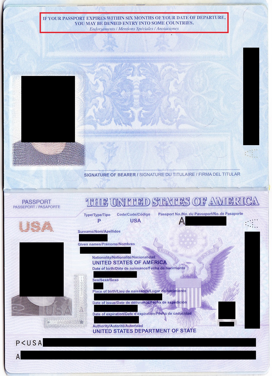 Two-page spread of a U.S. passport showing a red warning box about passport validity (expiring within six months) and redacted personal data blocks across the pages.