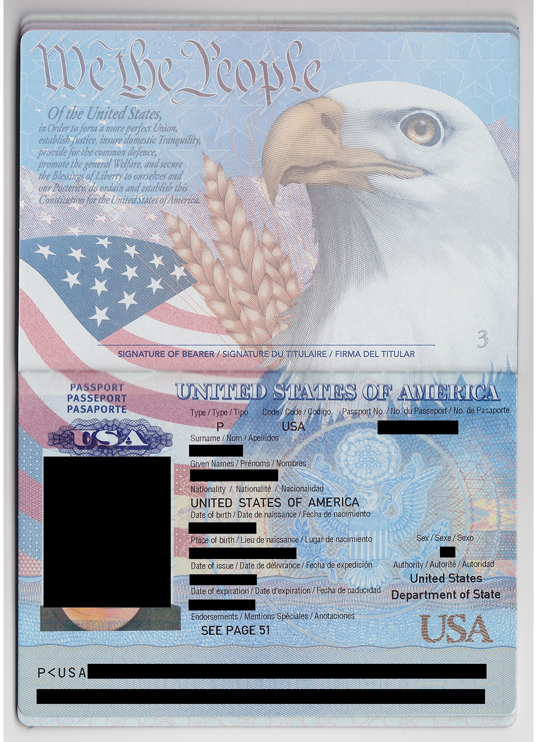 Front view of a United States passport page with the eagle design and 'We the People' heading, showing redacted personal details.